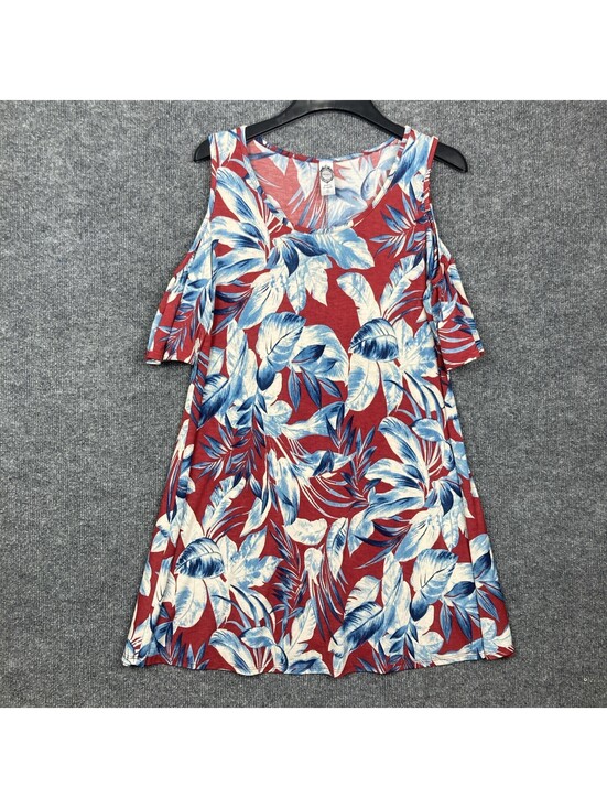 Honeyme Dresses & Skirts - Honeyme Womens Small Maroon Blue Floral Patten Cold Shoulder S/S Tunic Dress EUC